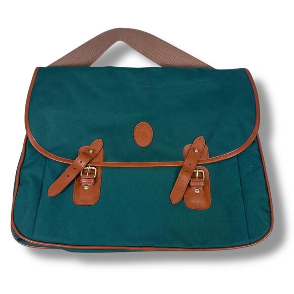 Vintage Polo Ralph Lauren Messenger Bag Green Canvas Leather Trim Shoulder Strap - Picture 1 of 6